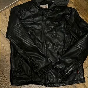 Levi Faux Leather Hooded Jacket, has stain (pictured)